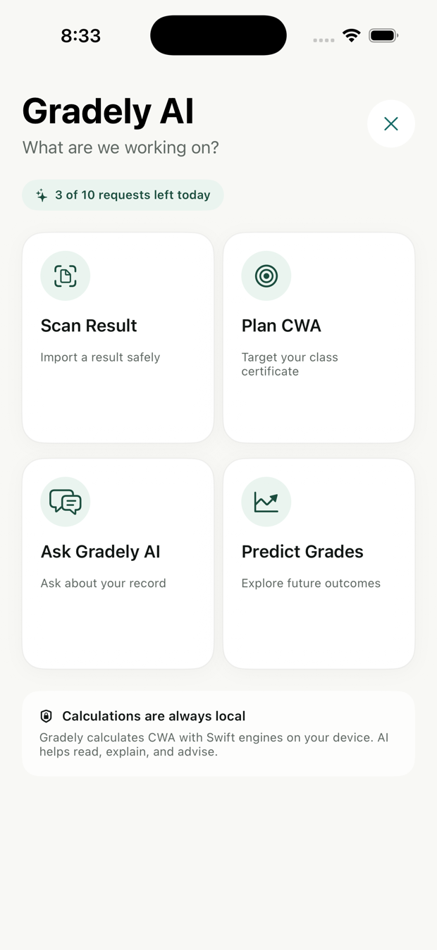 Gradely AI hub featuring scanner, advisor, planner, and predictor